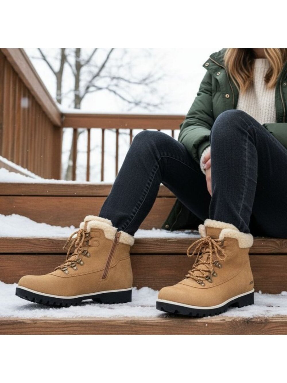 Jsport 8 Boots Woman Faux Fur Shearling Chunky Lug Outdoor Winter Snow Shoes